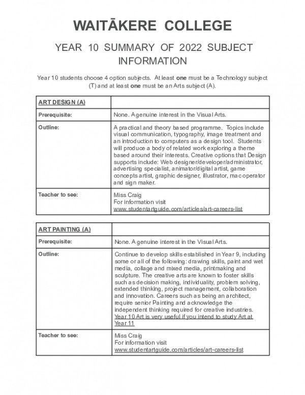 Year 10 2022 Subject Information Booklet