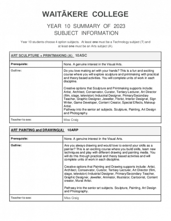 Year 10 2023 Subject Information Booklet