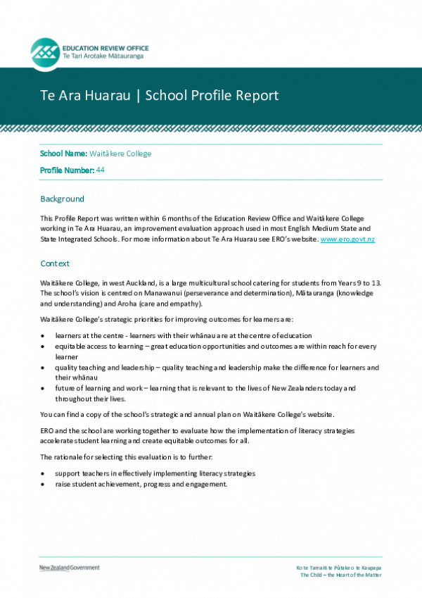 Waitakere College 44 Te Ara Huarau School Profile Report (1)