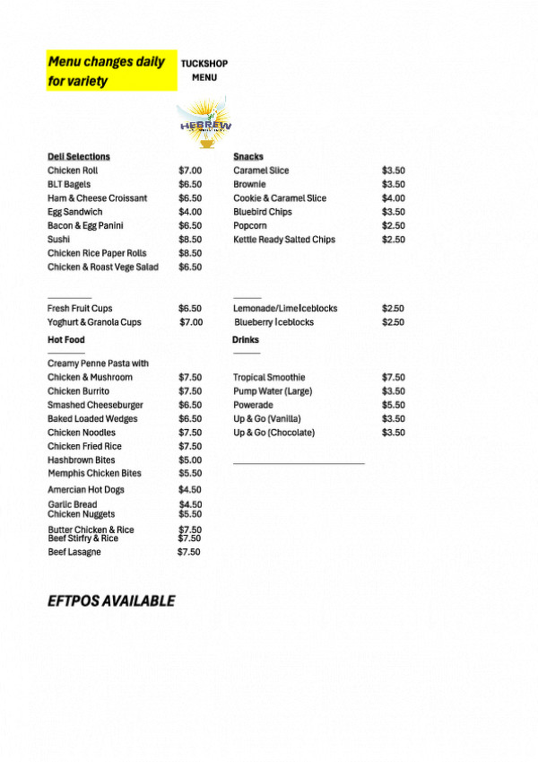 Tuckshop Menu   Hebrew Cafe & Catering